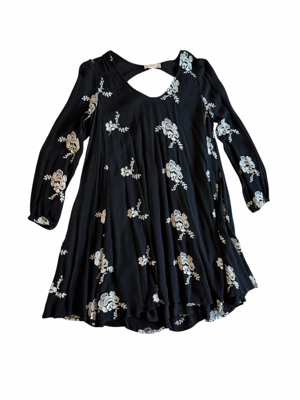 🌟Altar'd State Black Mini Dress with White and Beige Floral Embroidery